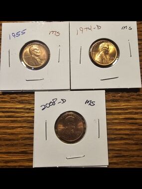 3 Lincoln Penny's, 1955 Wheat Cent, 1974-D, 2008-D Memorial Cent